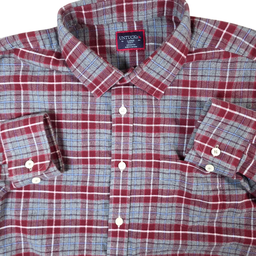 Untuckit Cabero Shirt Mens Large Gray Red Plaid Flannel Slim Fit‎ 40785